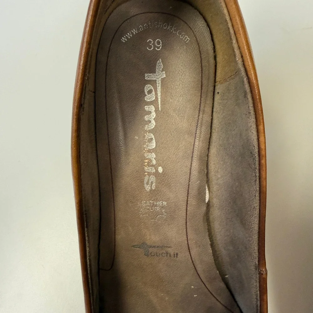 Tamaris Womens Cognac Brown Leather Round Toe Pumps Size 39 Heels Anti-Shock